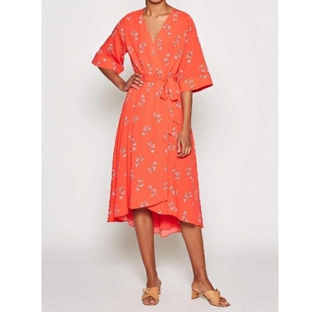 JOIE Daymon B Floral-Print Crepe De Chine MIDI Wrap Dress in Tomato Red Size S
